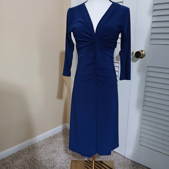 Laundry by Shelli Segal Small Royal Blue Long-Sleeved Ruched V Neck Dress A Line - Picture 3 of 10